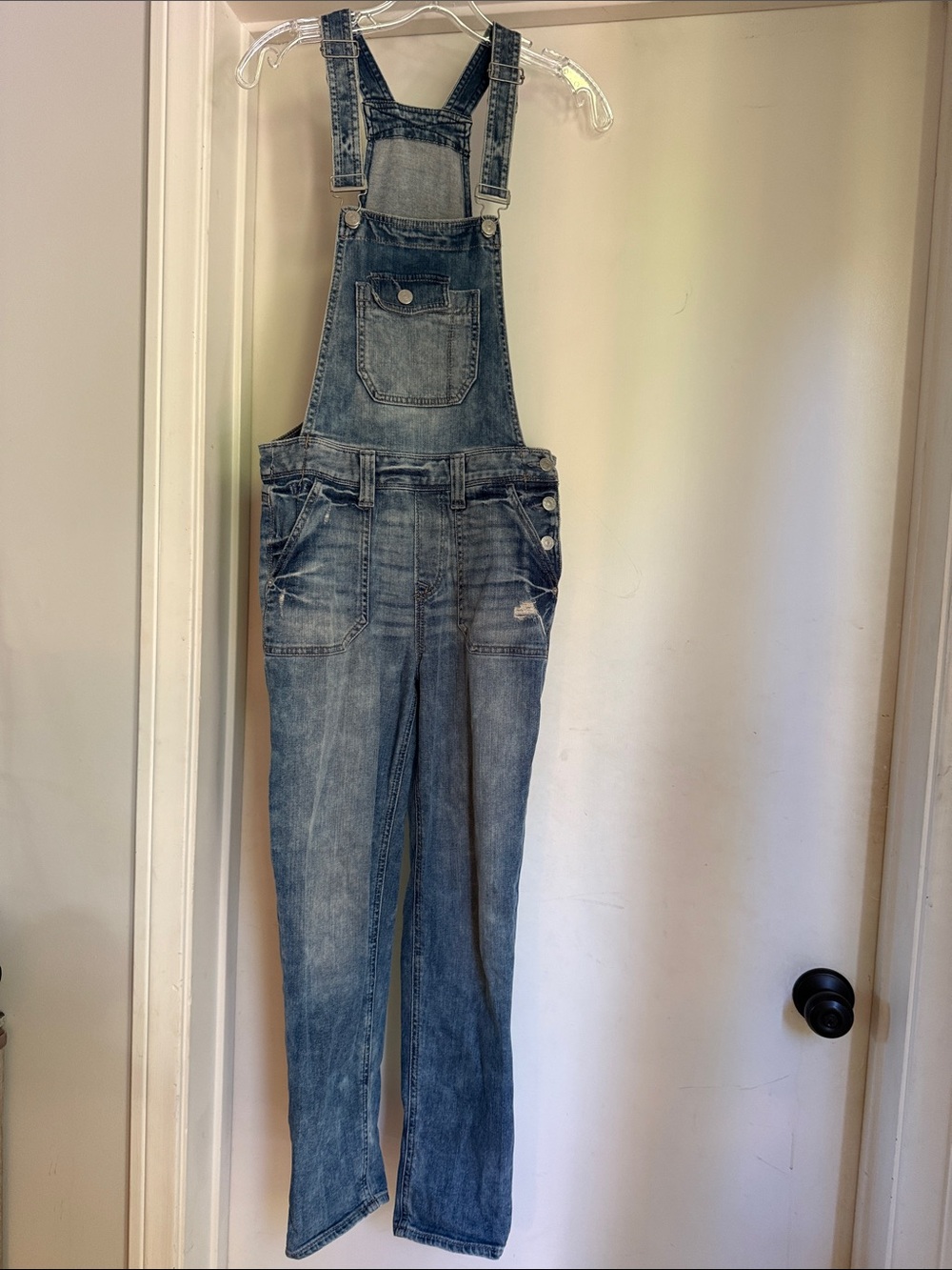 Express Distressed Light Blue Denim Overalls - Women's